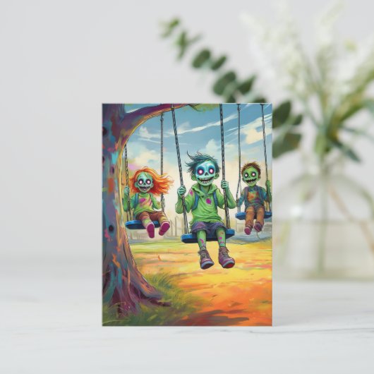 Three Zombie Kids on Swings in Fall Park Briefkaart (Staand voorkant)