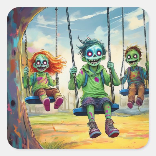 Three Zombie Kids on Swings in Fall Park Vierkante Sticker (Voorkant)