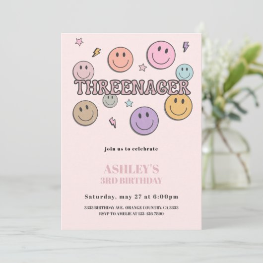 Threenager Birthday Invitation, 3rd Birthday Kaart (Staand voorkant)