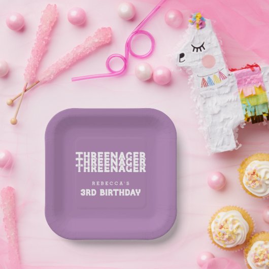 Threenager Naam 3e Verjaardag Witte Tekst Lila Papieren Bordje (Feest)