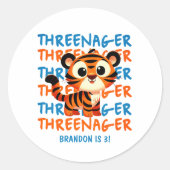 Threenager Tiger Boy 3e Verjaardagsfeestje Ronde Sticker (Voorkant)