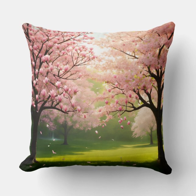 Throw Pillow Blooming Trees Over Green Fields Kussen (Voorkant)