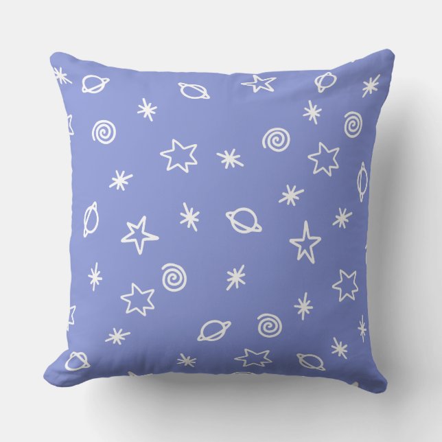 Throw Pillow Blue Space Doodle Stars Planets Kussen (Voorkant)