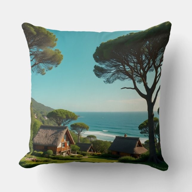 Throw Pillow Coastal Harmony: Homes, Trees & Endle Kussen (Voorkant)