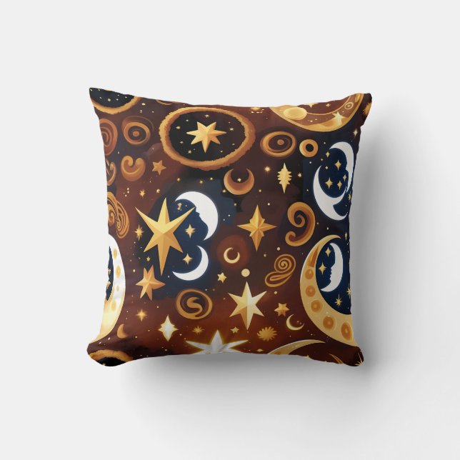 Throw Pillow – Golden Ochre Celestial Moon Pattern Kussen (Voorkant)
