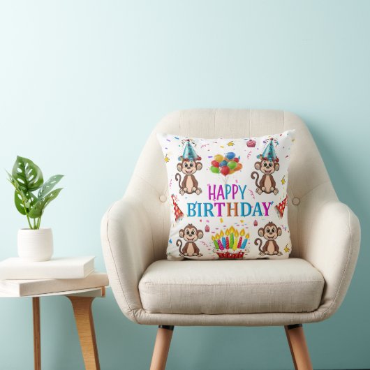 Throw Pillow, Happy Birthday Monkey Cupcake Kussen (Stoel)