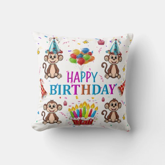 Throw Pillow, Happy Birthday Monkey Cupcake Kussen (Voorkant)