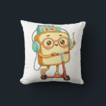 Throw Pillow Kussen<br><div class="desc">A cute bread character enjoying a fun scooter ride while listening to music. With retro vibes,  big headphones,  and a cheerful mood,  this charming illustration captures a carefree moment full of joy and positivity.</div>