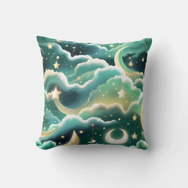 Throw Pillow – Luxury Mint Green Celestial Moon Kussen (Voorkant)