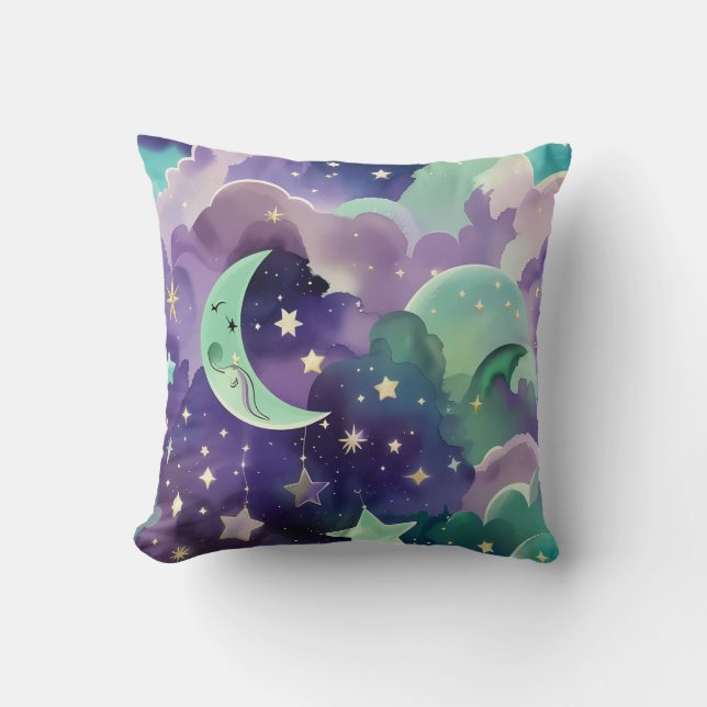 Throw Pillow - Mint Green Lilac Celestial Moon Kussen (Voorkant)