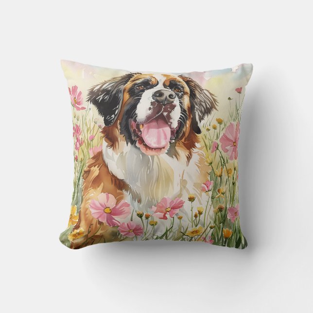 Throw Pillow – Saint Bernard Watercolor Pillow Kussen (Voorkant)