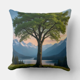 Throw Pillow Tree, Green Land, Sea, Sky & Mountain Kussen
