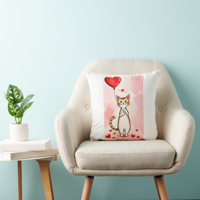 Throw Pillow Valentine's Day Cat Red Hearts Kussen (Stoel)