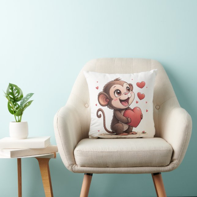 Throw Pillow Valentine's Day Monkey Red Hearts Kussen (Stoel)