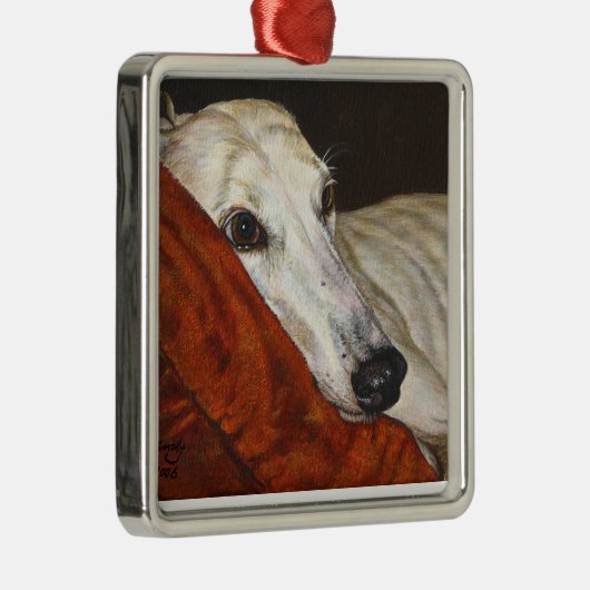 Thuis bij de laatste Greyhound Whippet dog schilde Metalen Ornament (Rechts)