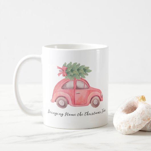 Thuis brengen van de kerstboom, Mok, 11 oz Koffiemok (Met donut)