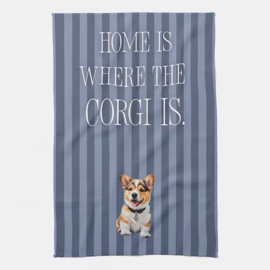 'Thuis Is Waar De Corgi Is' Blauwe Gestreepte Opge Theedoek (Verticaal)