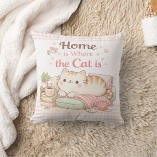 Thuis is waar de kat is Moppige Kitty Roze Gingham Kussen