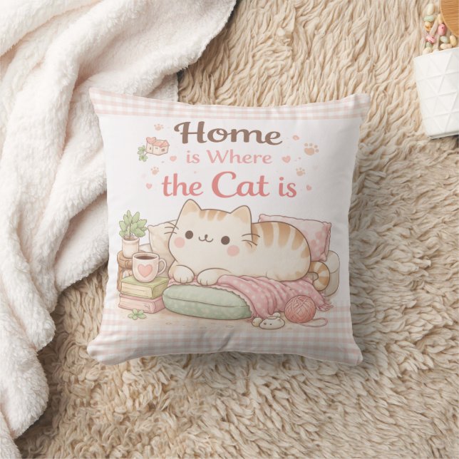 Thuis is waar de kat is Moppige Kitty Roze Gingham Kussen (Deken)