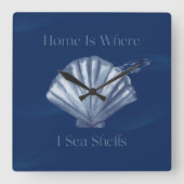 Thuis is waar ik zeeschelpen, kustthema indigo vierkante klok (Voorkant)