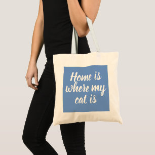 Thuis is waar mijn Cat witte Script Blue Canvas ta Tote Bag