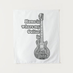 Thuis is waar mijn gitaar is.  zwart-wit wandkleed