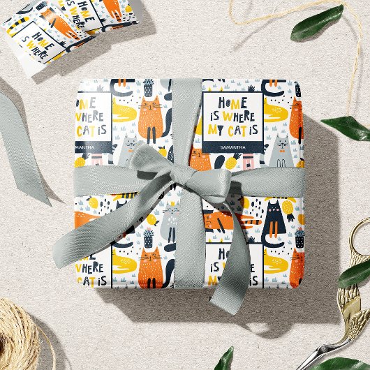 Thuis is waar mijn kat de Monogramnaam Patroon is Cadeaupapier