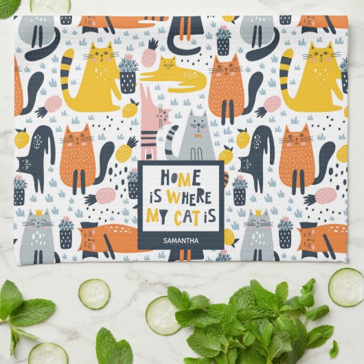 Thuis is waar mijn kat de Monogramnaam Patroon is Theedoek (Gevouwen)