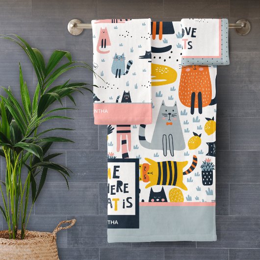 Thuis is waar mijn kat monogrammen naam badkamer i bad handdoek