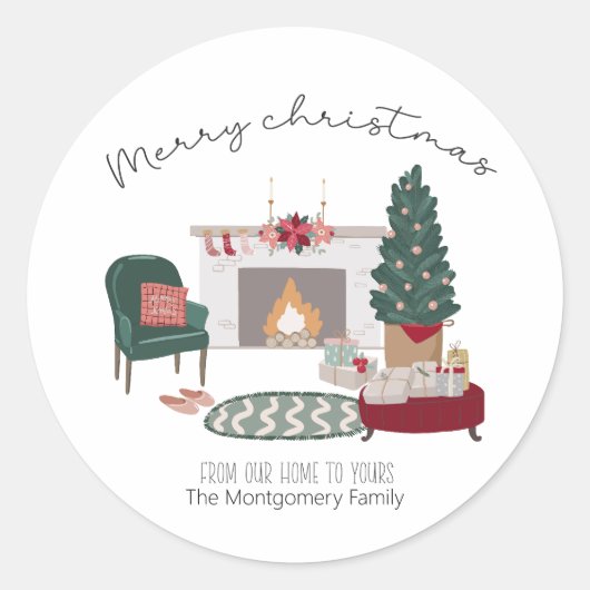 Thuis van Cozy met Kerstmis | Naam toevoegen Ronde Sticker (Voorkant)