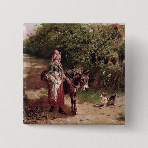 Thuis van de markt (olie op canvas) vierkante button 5,1 cm