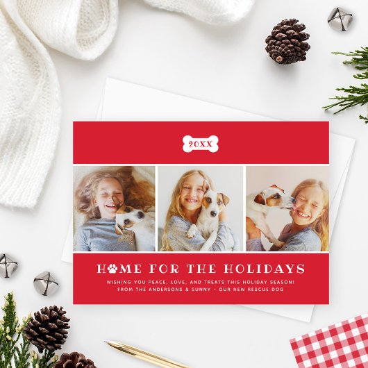 Thuis voor de Feestdagen Red Pset Dog Foto Feestdagenkaart