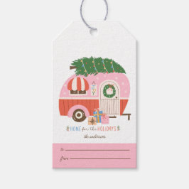 Thuis voor de Feestdagen Roze Camper met familiena Cadeaulabel
