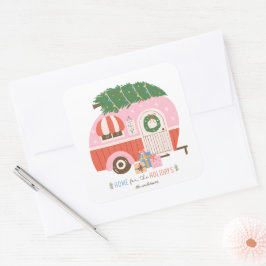 Thuis voor de Feestdagen Roze Camper Vierkante Sticker