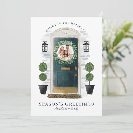 Thuis voor de groene Waterverf van Feestdagen Foto Feestdagenkaart (Staand voorkant)