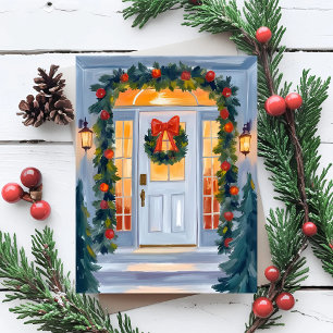 Thuis voor Kerstmis Waterverfschilderij Feestdagenkaart