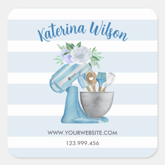 Thuisbakkerij Blauwe Bloem Mixer Vierkante Sticker (Voorkant)