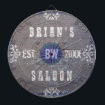 thuisbassin Saloon Dartbord<br><div class="desc">Creëer uw eigen land westerne stijl (rustic American wild west) met een dartboard met deze eenvoudige, dikke sjabloon. Het dart board is gemaakt om er als oud hout uit te zien met veel bloei in tinten witte, grijze en blauwe tinten. Het kan worden gepersonaliseerd met je eigen naam, initialen/monogram en...</div>
