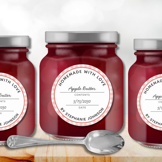 Thuisconservenproductnaam en datum rode jar deksel ronde sticker