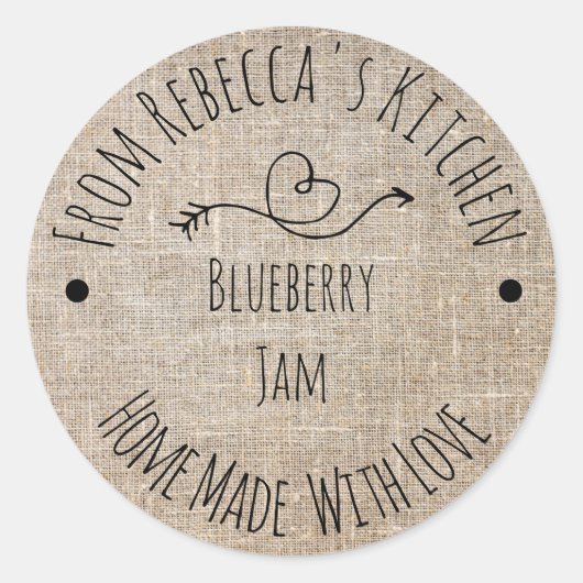 Thuisgemaakt met Liefde Rustieke Jute Jam Potlabel Ronde Sticker (Voorkant)