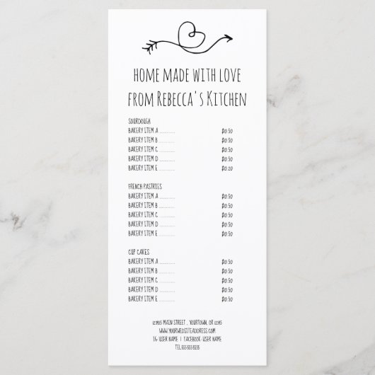 Thuisgemaakte Bakkerij Prijslijst & Menu Met Liefd (Voorkant)