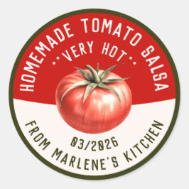 Thuisgemaakte hete tomatensalsa met twee kleuren ronde sticker
