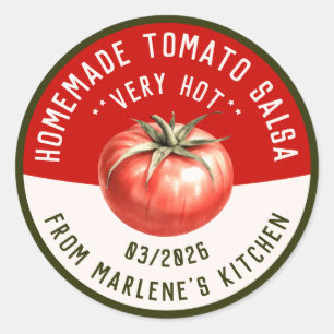 Thuisgemaakte hete tomatensalsa met twee kleuren ronde sticker