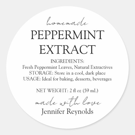 Thuisgemaakte Pepermunt Extract Fles Instructies Ronde Sticker (Voorkant)