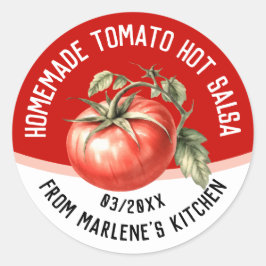Thuisgemaakte tomaten hete salsa met rode tomaat ronde sticker