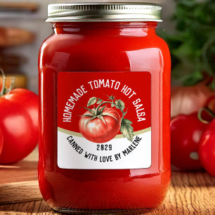 Thuisgemaakte tomaten hete salsa met rode tomaat vierkante sticker