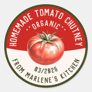 Thuisgemaakte tomatenchutney in twee kleuren ronde sticker