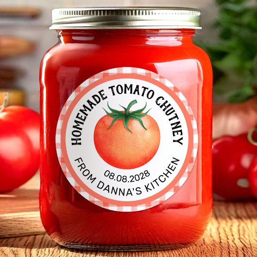 Thuisgemaakte tomatenchutney-label met tomaat ronde sticker