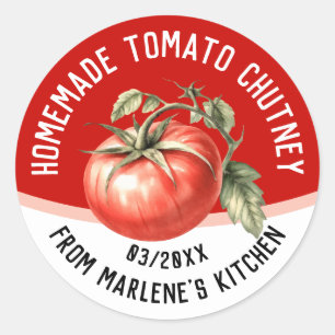 Thuisgemaakte tomatenchutney met rode tomaat ronde sticker
