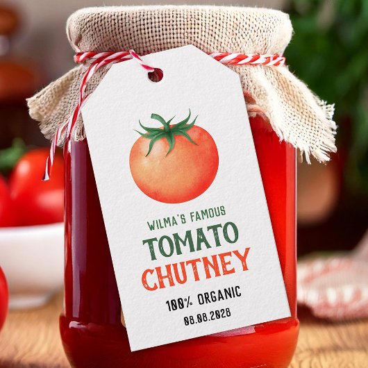 Thuisgemaakte tomatenchutney met rode tomatenpatro cadeaulabel